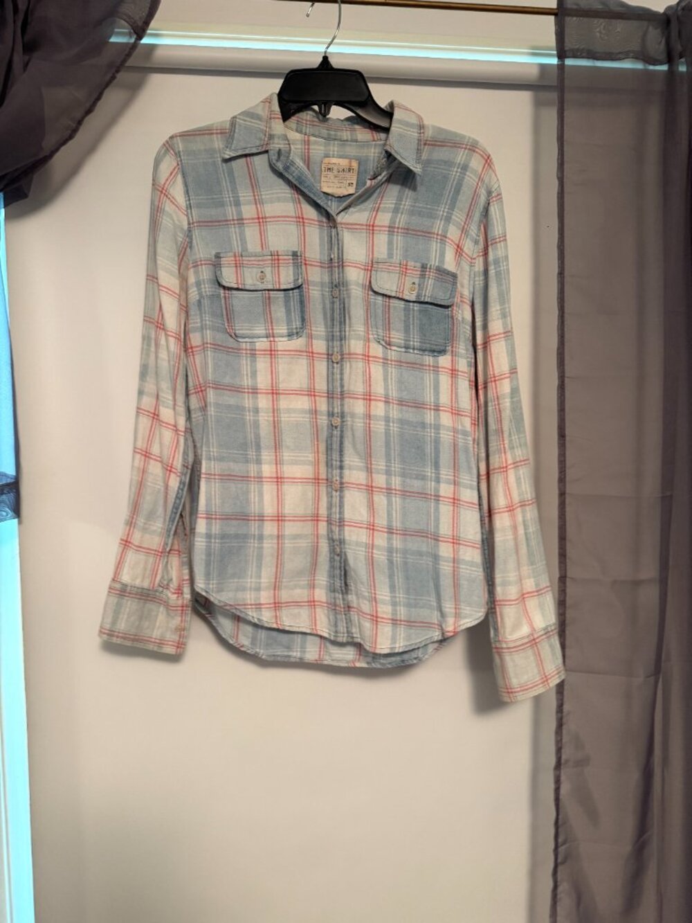 The Shirt by Rochelle Behrens Plaid Button Down Shirt Blue Red Small